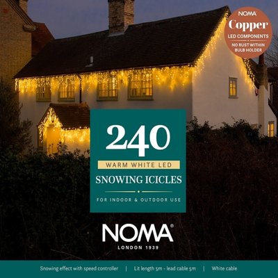 Noma 240 Warm White Snowing Icicles With White Cable