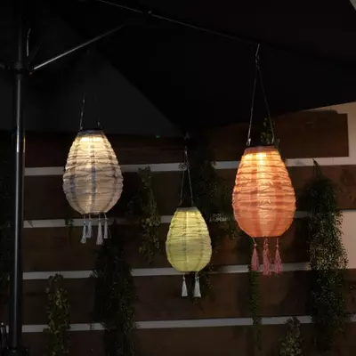 Oval Lanterns with Tassels L-R: Grey, Green, Peach