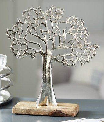Transomnia Silver Metal Tree on a Wooden Base